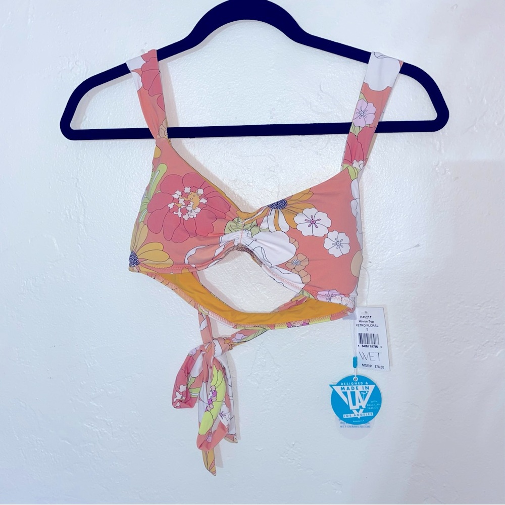 NWT WET $78 Haven Retro Floral Bikini Top 70's Colorful Beach Summer Tie Back
